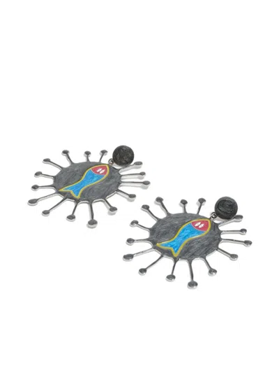 Bimba Y Lola Multicolor Enamel Fish Earrings In Gray