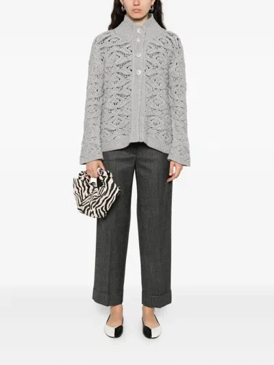 Tabaroni Cashmere Knitted Grey Cardigan With Textured Openwork Pattern In Animal Print
