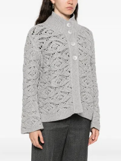 Tabaroni Cashmere Knitted Grey Cardigan With Textured Openwork Pattern In Animal Print