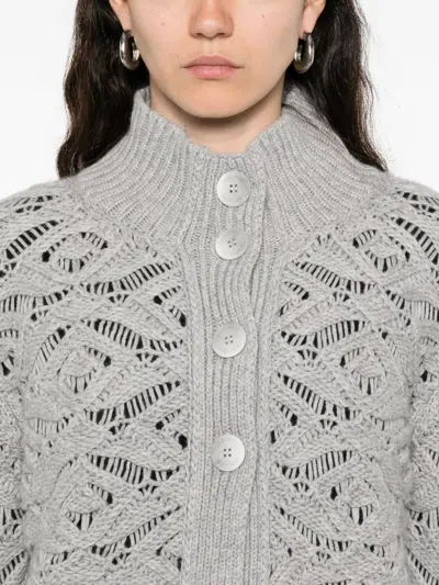 Tabaroni Cashmere Knitted Grey Cardigan With Textured Openwork Pattern In Animal Print