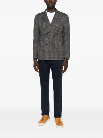 Manuel Ritz Double-breasted Checked Blazer In Gray