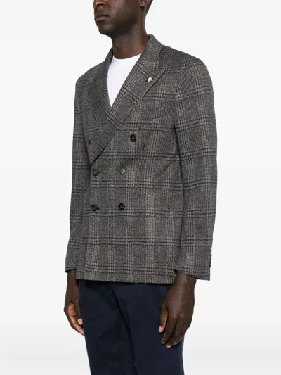 Manuel Ritz Double-breasted Checked Blazer In Gray