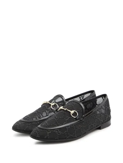 Gucci Almond Toe Mesh Loafers Embellished With Crystals In Black