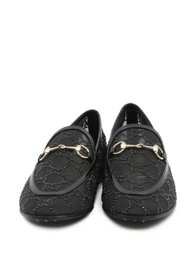 Gucci Almond Toe Mesh Loafers Embellished With Crystals In Black