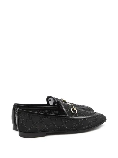 Gucci Almond Toe Mesh Loafers Embellished With Crystals In Black