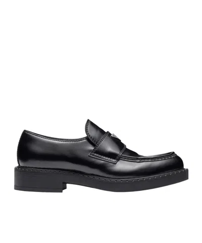 Prada Triangle Logo Brushed Leather Loafers In Black