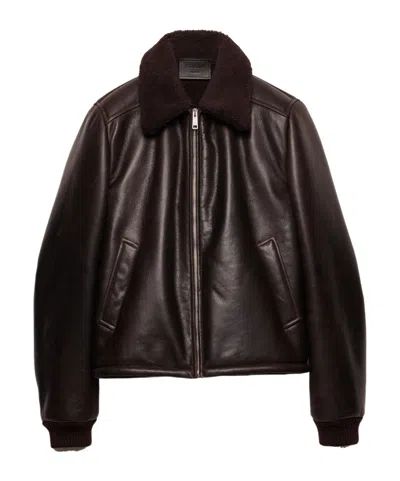 Prada Leather And Shearling Jacket In Brown