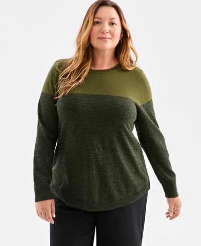 Style & Co Plus Size Cotton Color-block Crewneck Sweater, Macy's Exclusive In Green