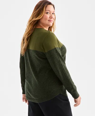 Style & Co Plus Size Cotton Color-block Crewneck Sweater, Macy's Exclusive In Green