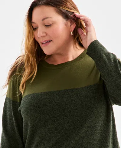 Style & Co Plus Size Cotton Color-block Crewneck Sweater, Macy's Exclusive In Green