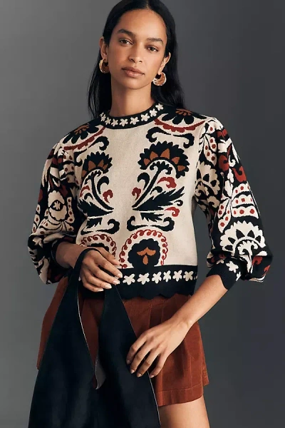 Farm Rio Winter Tapestry Stripes Puff-sleeve Sweater In Multi