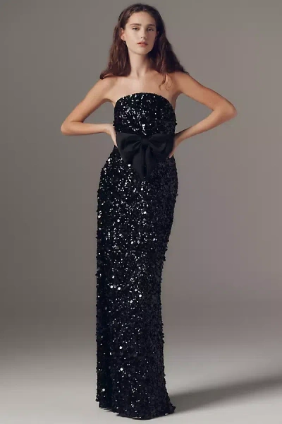 Mac Duggal Strapless Sequin Column Evening Gown With Bow In Black