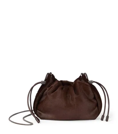 Brunello Cucinelli Mellow Mini Bucket Bag In Calf Hair With Precious Chain In Brown