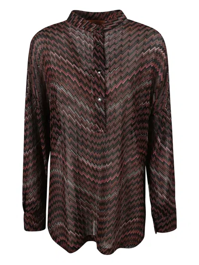 Missoni Mandarin Collar Oversize Blouse With Wavy Zigzag Pattern In Brown