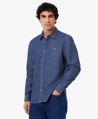 Lacoste Organic Cotton Denim Shirt With Embroidered Crocodile Logo In Blue
