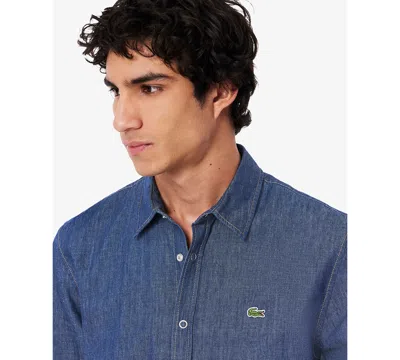 Lacoste Organic Cotton Denim Shirt With Embroidered Crocodile Logo In Blue