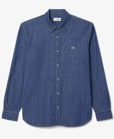 Lacoste Organic Cotton Denim Shirt With Embroidered Crocodile Logo In Blue