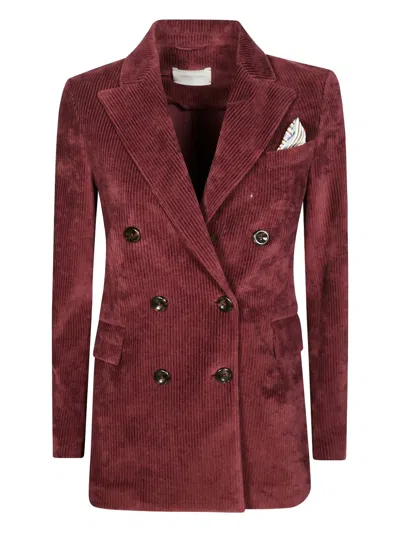Circolo 1901 Structured Double-breasted Corduroy Jacket With Striped Pocket Square In Burgundy
