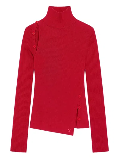 Courrèges Button-embellished Ribbed Turtleneck Sweater In Red