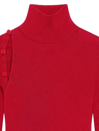 Courrèges Button-embellished Ribbed Turtleneck Sweater In Red