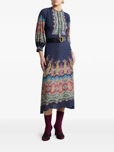 Etro , Dress With Placed Paisley Print, Woman, Blue, Size 44 In Blue