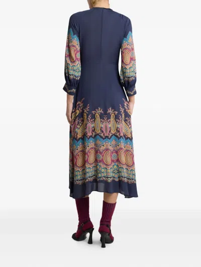 Etro , Dress With Placed Paisley Print, Woman, Blue, Size 44 In Blue