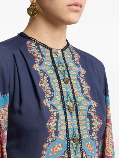 Etro , Dress With Placed Paisley Print, Woman, Blue, Size 44 In Blue