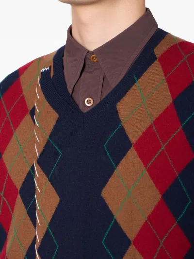 Kolor Diamond-pattern V-neck Sweater In Blue