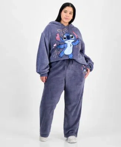 Disney Trendy Plus Size Stitch Fleece Pullover Hoodie Stitch Fleece Drawstring Pants In Blue