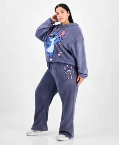 Disney Trendy Plus Size Stitch Fleece Pullover Hoodie Stitch Fleece Drawstring Pants In Blue