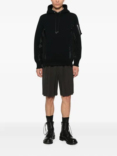 Sacai Black Hoodie With Shiny Fabric Panels And Zippered Pocket In Black