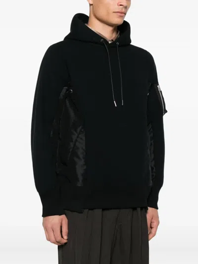 Sacai Black Hoodie With Shiny Fabric Panels And Zippered Pocket In Black