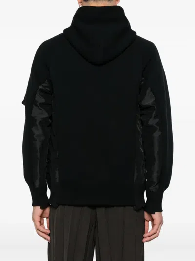 Sacai Black Hoodie With Shiny Fabric Panels And Zippered Pocket In Black