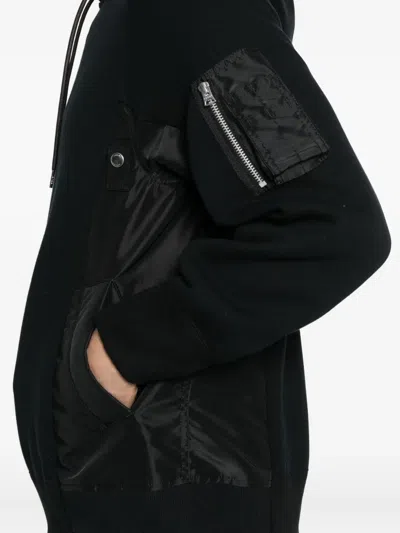 Sacai Black Hoodie With Shiny Fabric Panels And Zippered Pocket In Black