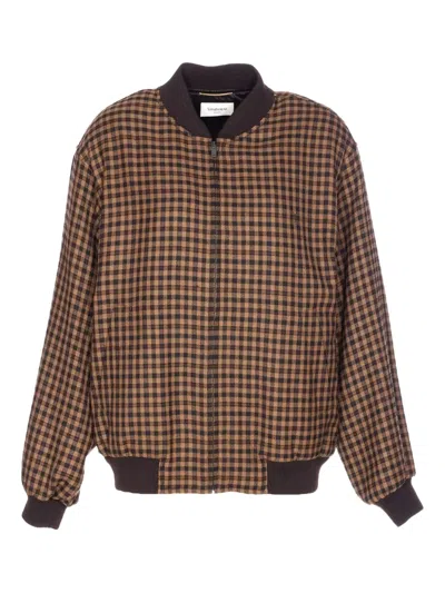 Saint Laurent Cassandre Bomber Jacket In Wool Check In Brown
