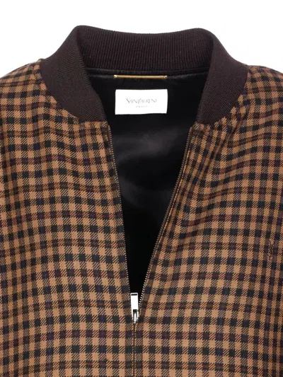 Saint Laurent Cassandre Bomber Jacket In Wool Check In Brown