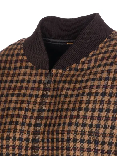 Saint Laurent Cassandre Bomber Jacket In Wool Check In Brown