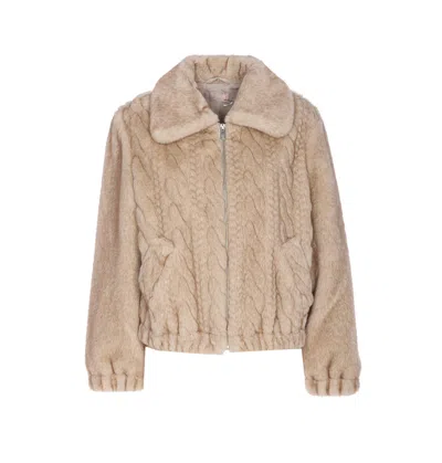 Liu •jo Plush Teddy Fabric Bomber Jacket With Braided Detailing In Brown