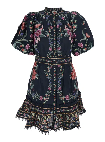 Farm Rio Belle Garden Floral-print Cotton-blend Mini Dress In Black