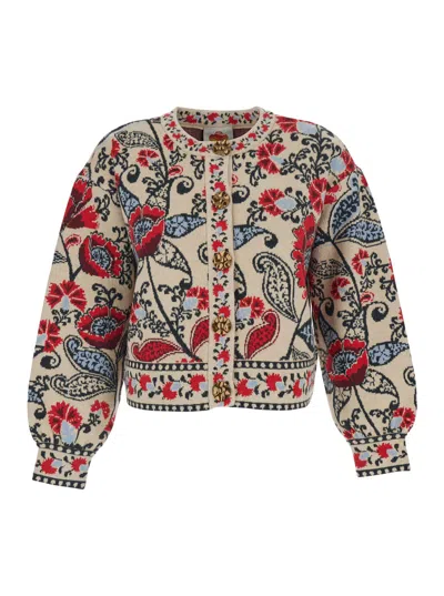 Farm Rio Multicolor Round Neck Cardigan With Floral Motif In Wool Blend Woman In Multi