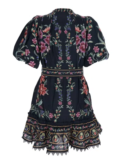 Farm Rio Belle Garden Floral-print Cotton-blend Mini Dress In Black