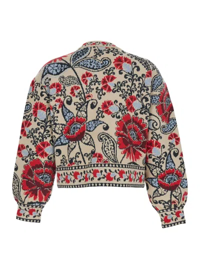 Farm Rio Multicolor Round Neck Cardigan With Floral Motif In Wool Blend Woman In Multi
