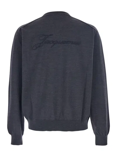 Jacquemus Long Sleeve Crewneck Sweater With Ribbed Cuffs In Blue