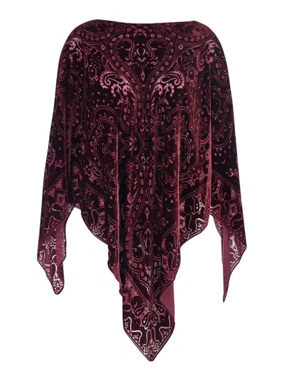 Etro Bordeaux Cape With All-over Paisley Motif And Triangular Hem In Silk Blend Woman In Burgundy