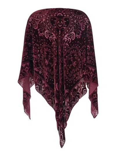 Etro Bordeaux Cape With All-over Paisley Motif And Triangular Hem In Silk Blend Woman In Burgundy