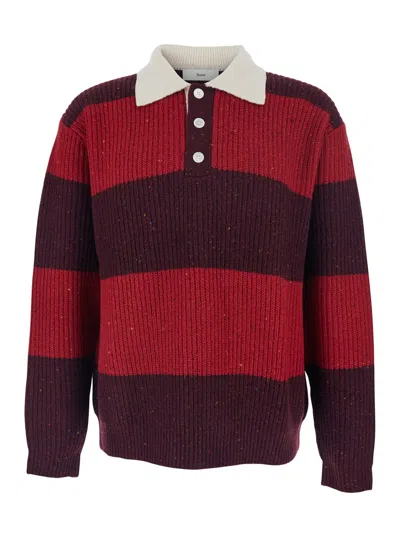 Dunst Striped Crewneck Sweater Contrast Collar In Red