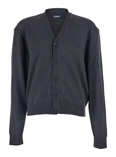 Jacquemus Embroidered Long Sleeve Cardigan In Gray