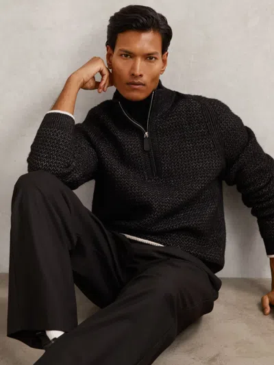 Reiss Stockdale Long Sleeved Half Zip Brushed Ribbed Sweater In Black