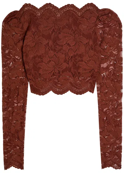 Rabanne Floral Lace Long Sleeve Cropped Top In Brown