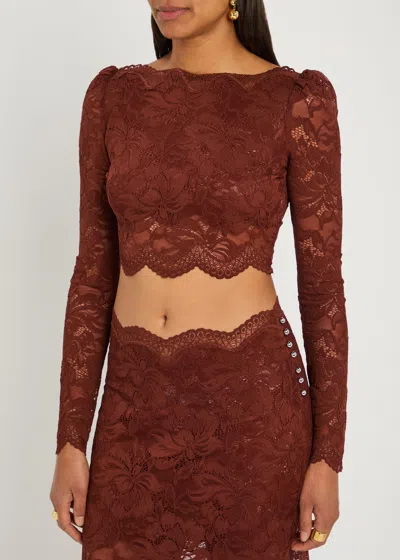 Rabanne Floral Lace Long Sleeve Cropped Top In Brown